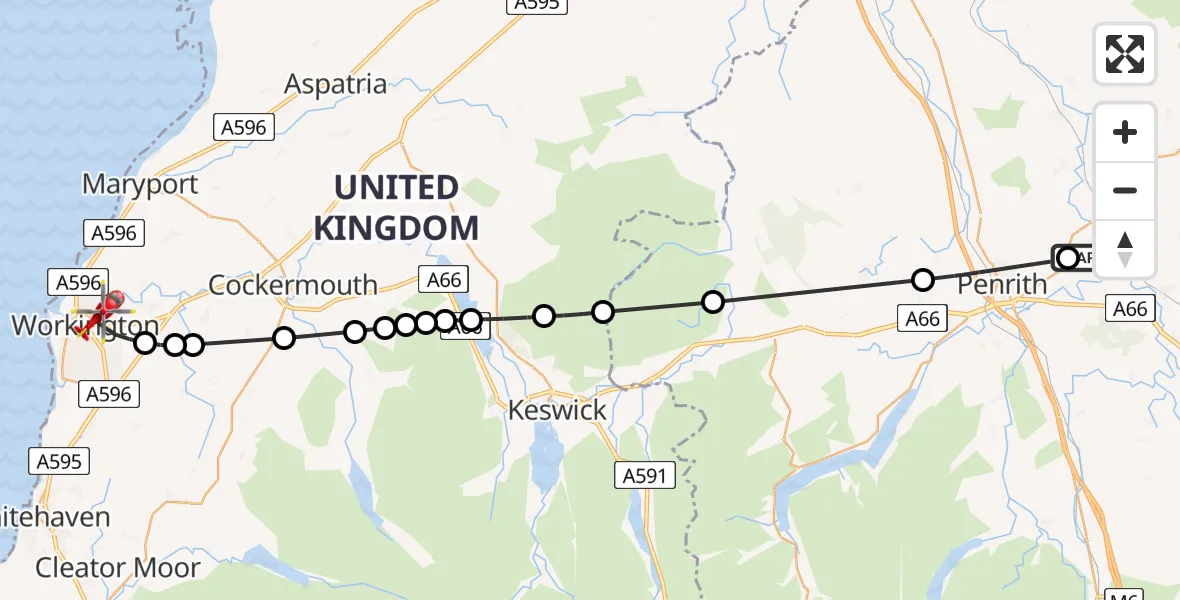 Flight route Air Ambulance Helicopter Edenhall - Workington, 25 June 2026, 14:41