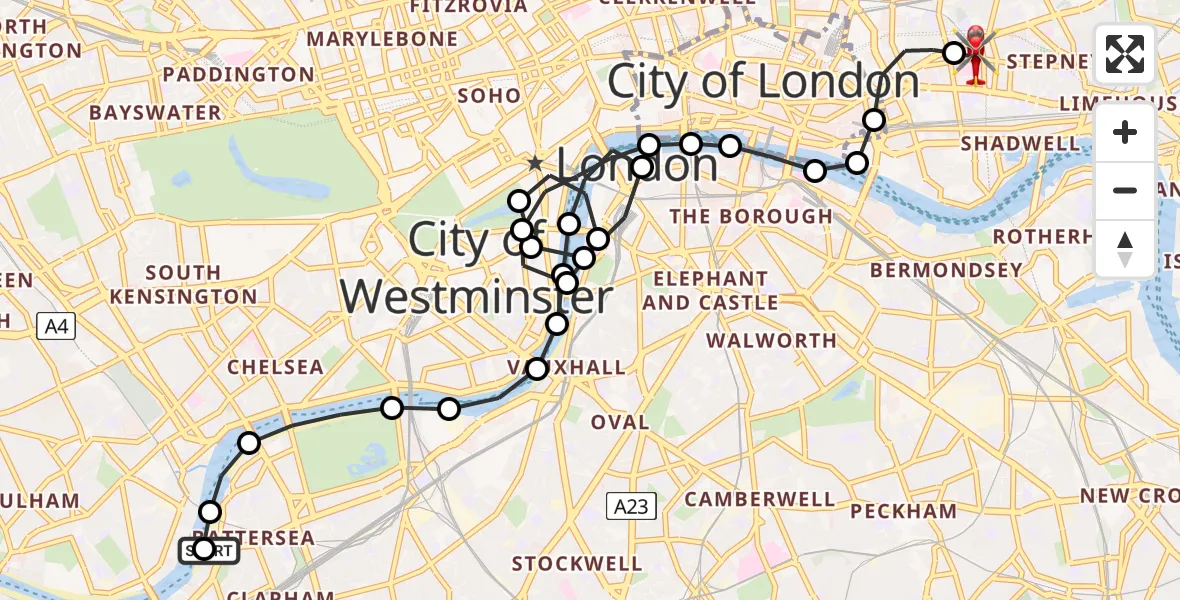 Flight route Air Ambulance Helicopter London Heliport - Royal London Hospital, 25 June 2026, 14:44