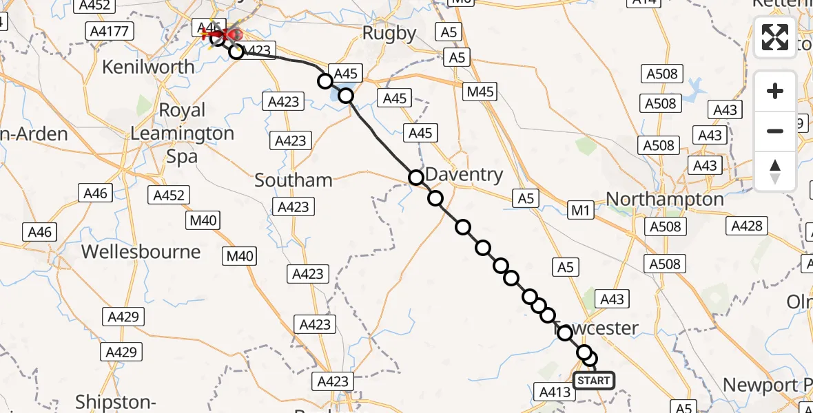 Flight route Air Ambulance Helicopter Whittlebury - Coventry Airport, 25 June 2026, 14:45