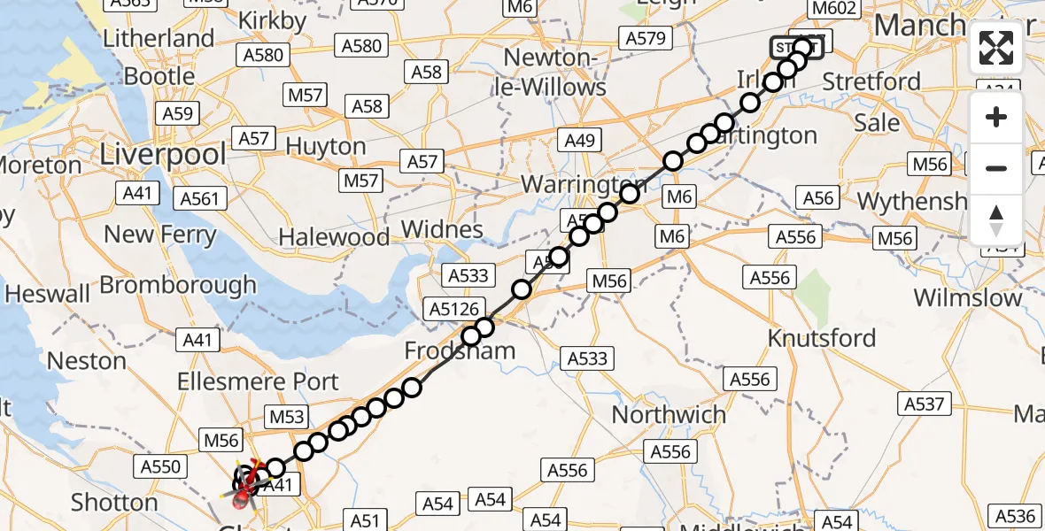 Flight route Air Ambulance Helicopter Manchester Barton Aerodrome - Chester, 25 June 2026, 14:48