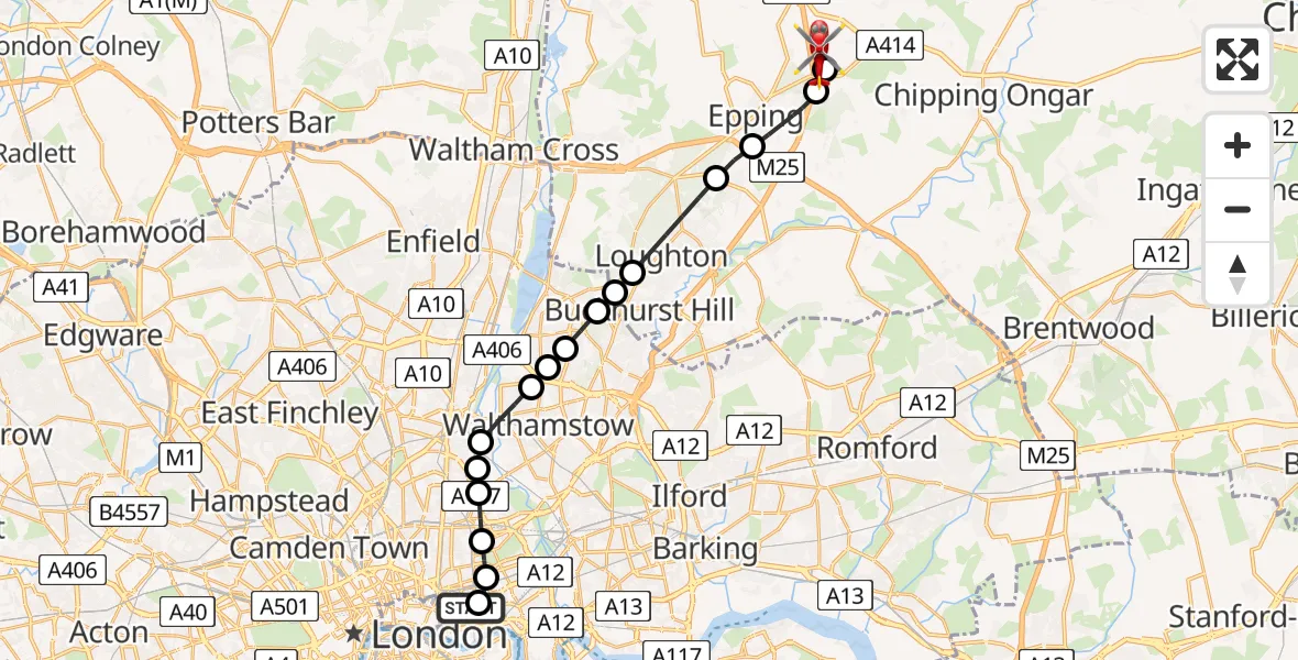 Flight route Air Ambulance Helicopter Royal London Hospital - North Weald Airfield, 25 June 2026, 14:49