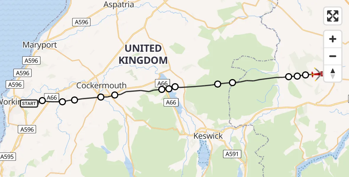 Flight route Air Ambulance Helicopter Workington - Greystoke, 25 June 2026, 15:02