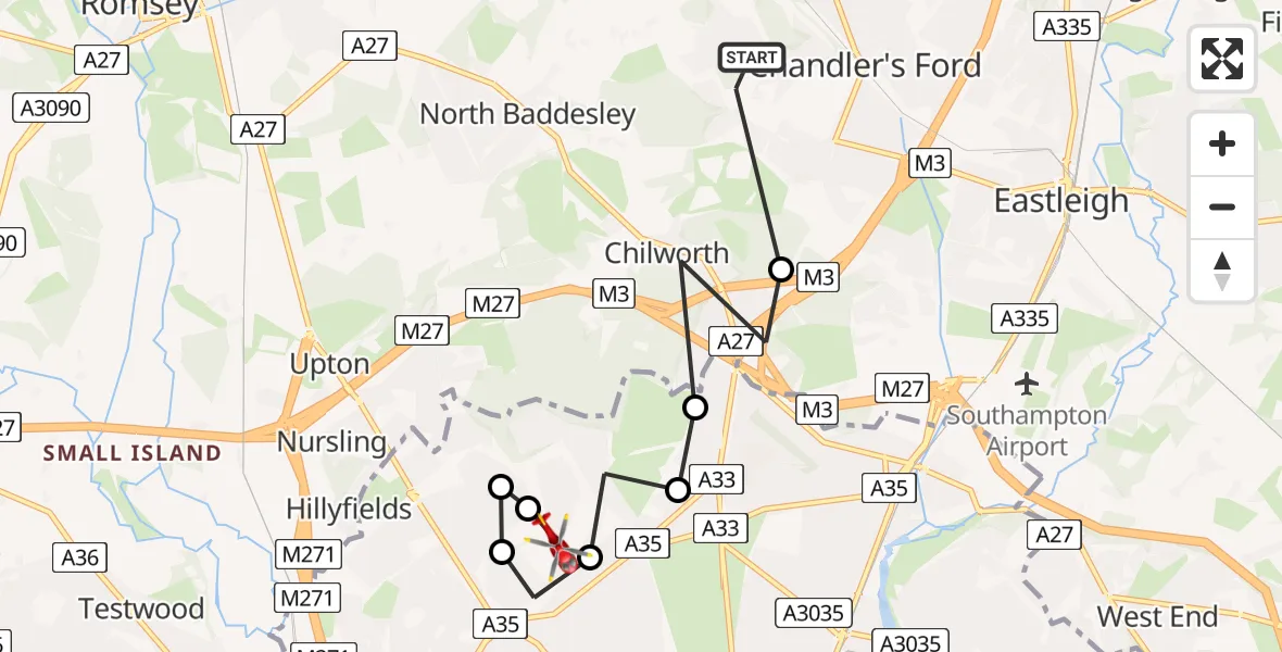 Flight route Air Ambulance Helicopter Test Valley - University Hospital Southampton, 25 June 2026, 15:02
