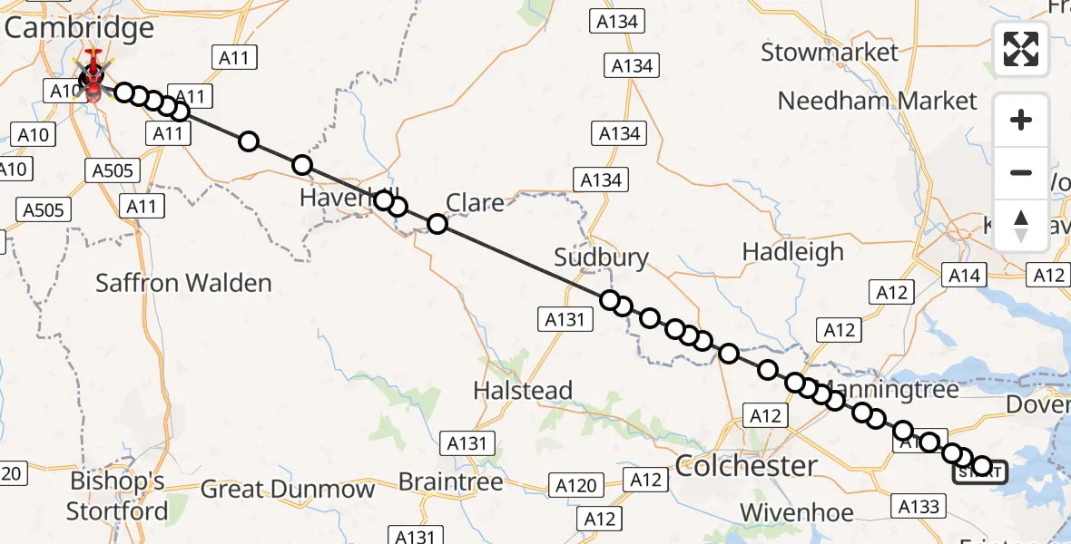 Flight route Air Ambulance Helicopter Beaumont-cum-Moze - Papworth Hospital, 25 June 2026, 15:19