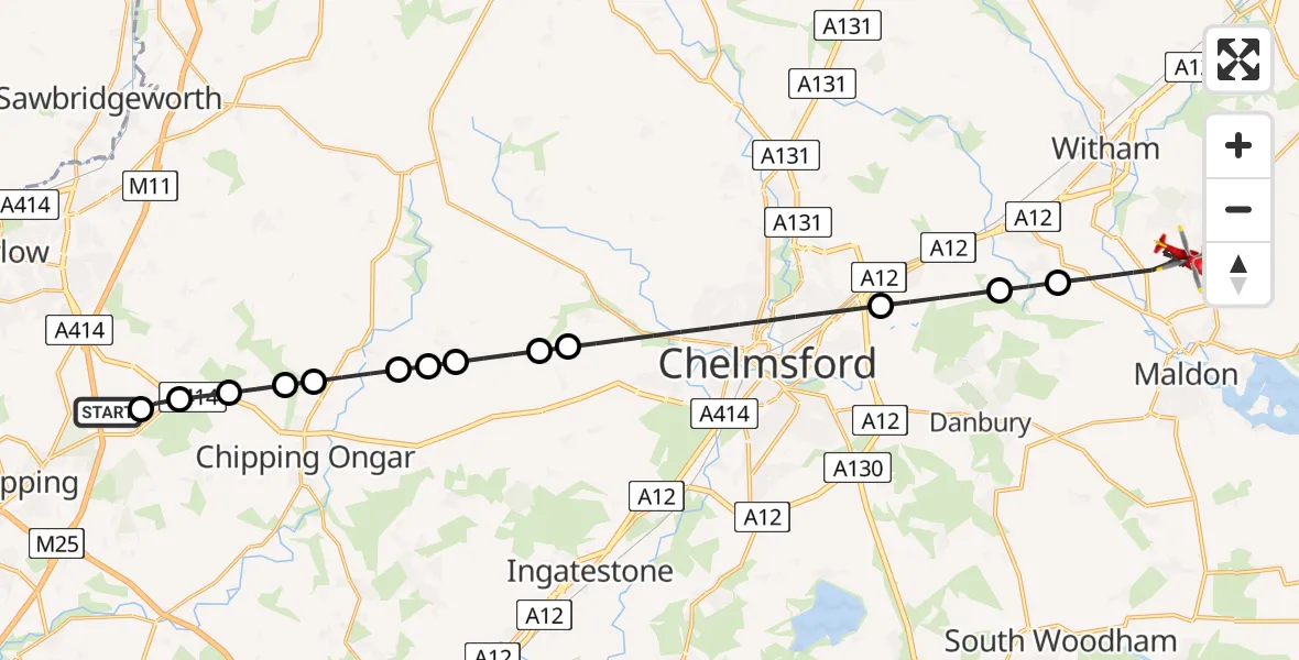 Flight route Air Ambulance Helicopter North Weald Airfield - Maldon, 25 June 2026, 15:27