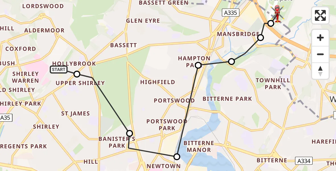 Flight route Air Ambulance Helicopter University Hospital Southampton - Southampton Airport, 25 June 2026, 15:33