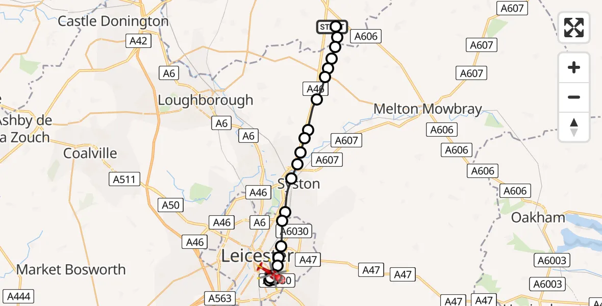 Flight route Air Ambulance Helicopter Nottingham Heliport - Clarendon Park, 25 June 2026, 15:33