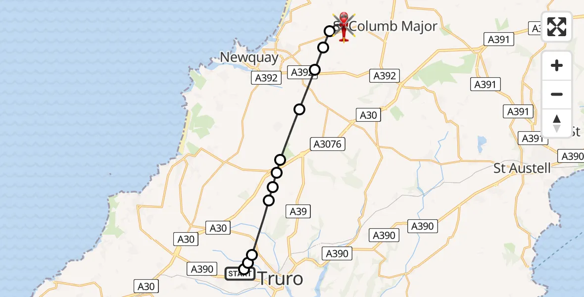 Flight route Air Ambulance Helicopter Treliske Hospital - Cornwall Airport Newquay, 25 June 2026, 15:38