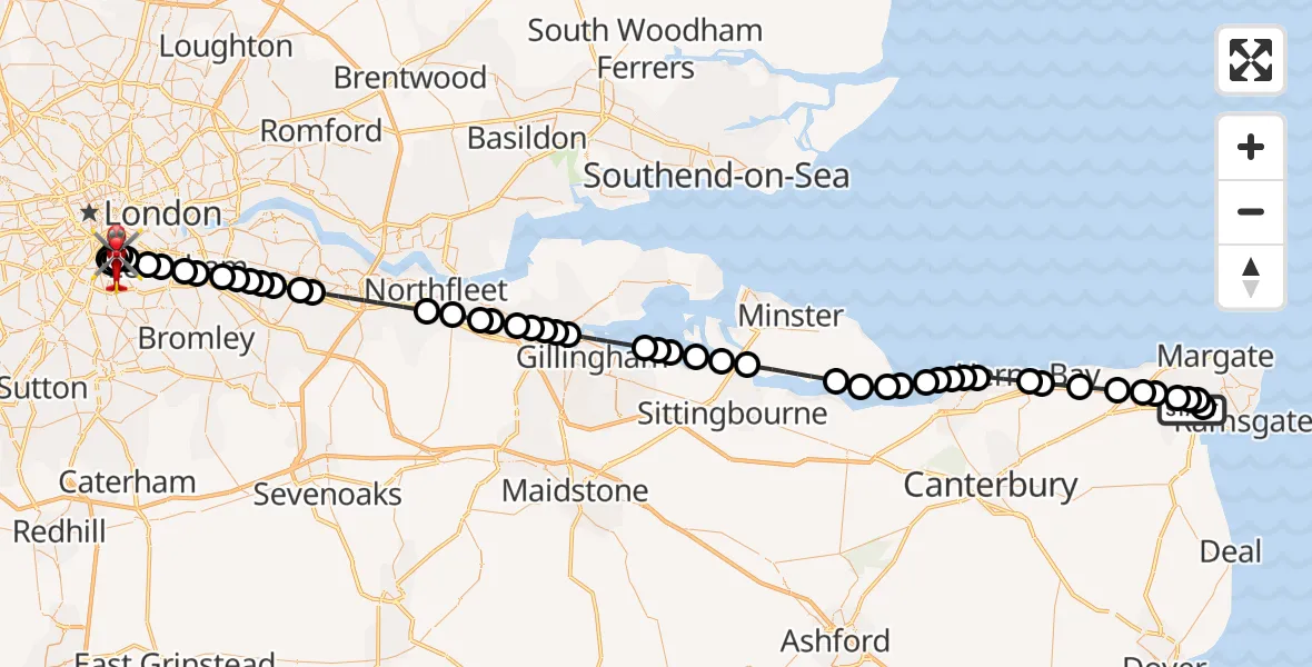 Flight route Air Ambulance Helicopter Manston Airport - Kings College London Hospital, 25 June 2026, 16:04