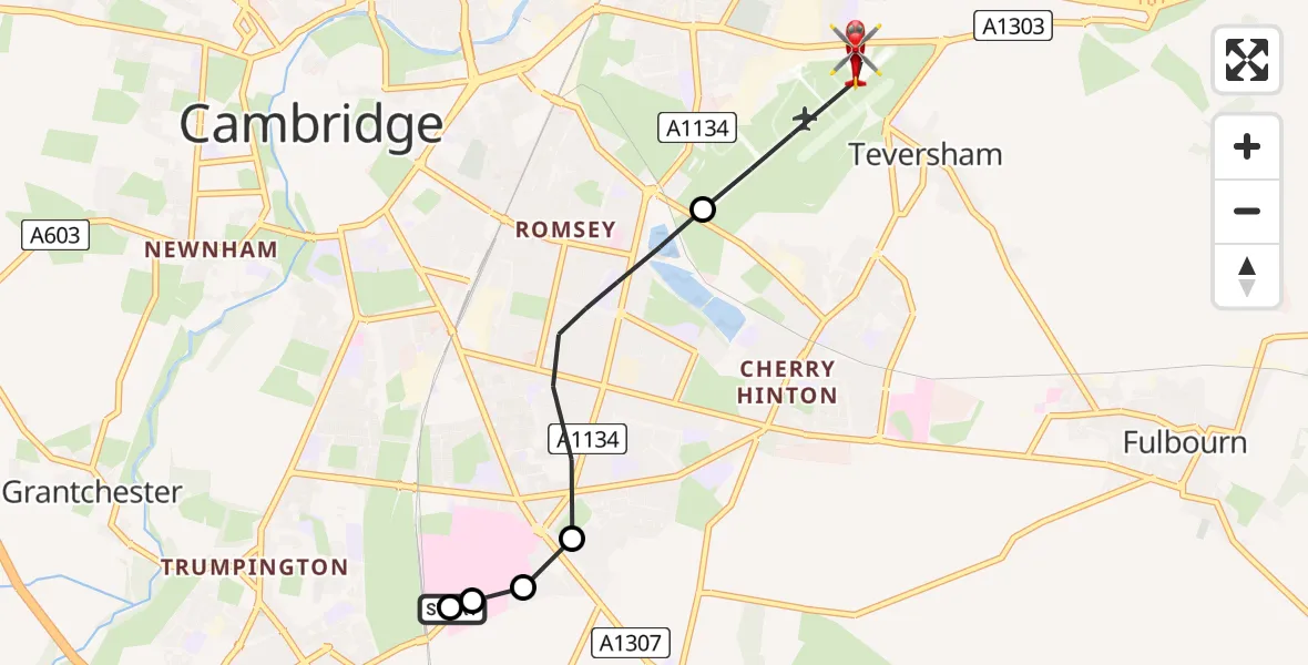 Flight route Air Ambulance Helicopter Papworth Hospital - Cambridge City Airport, 25 June 2026, 16:05
