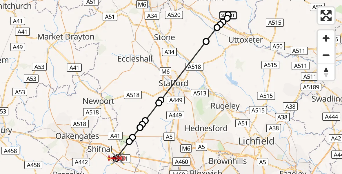 Flight route Air Ambulance Helicopter Hollington - Cosford, 25 June 2026, 16:11