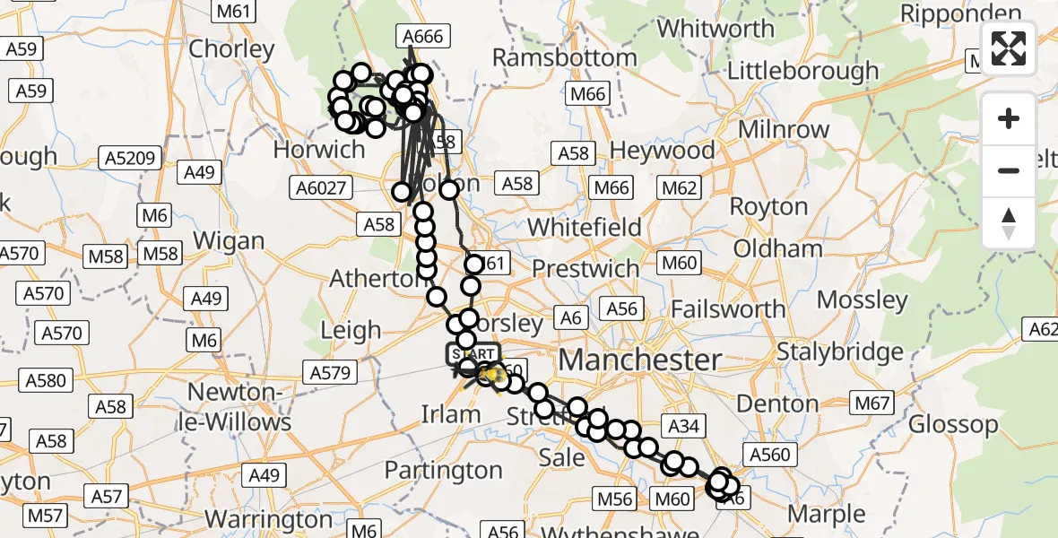 Flight route Police Helicopter Worsley - Manchester Barton Aerodrome, 25 June 2026, 16:16