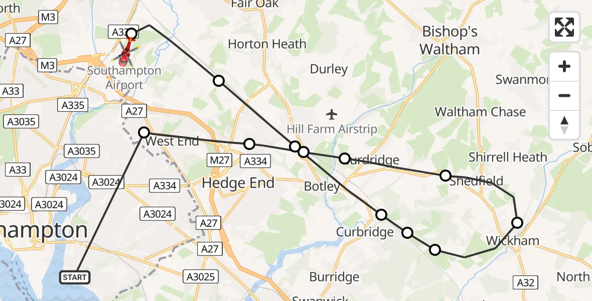 Flight route Air Ambulance Helicopter Woolston - Southampton Airport, 25 June 2026, 16:16