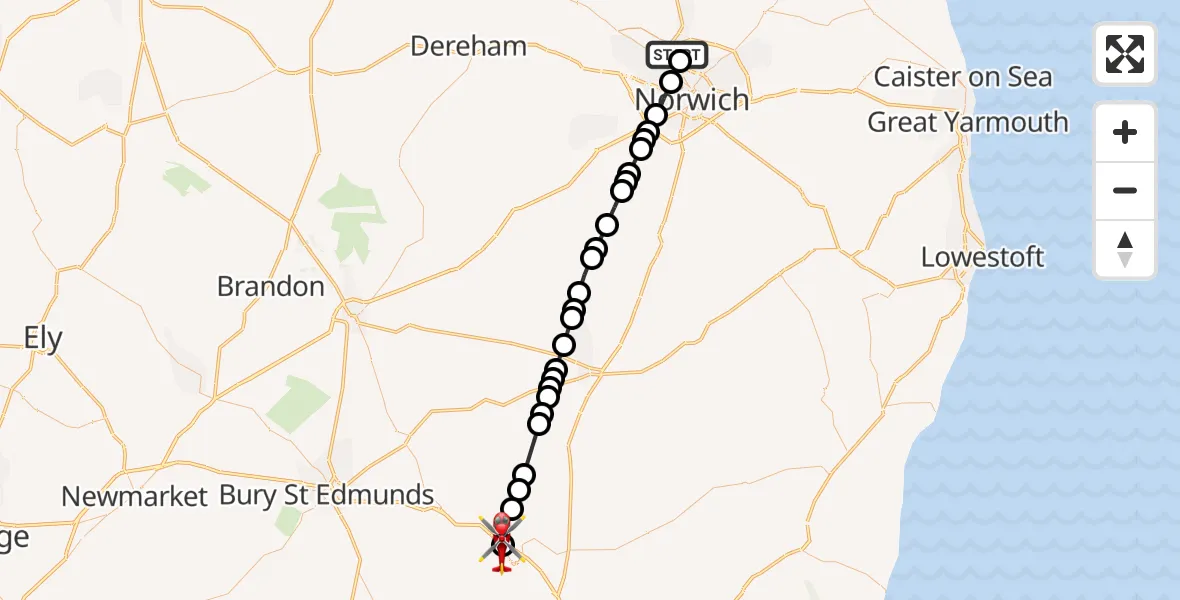 Flight route Air Ambulance Helicopter Norwich Airport - Stowmarket, 25 June 2026, 16:18