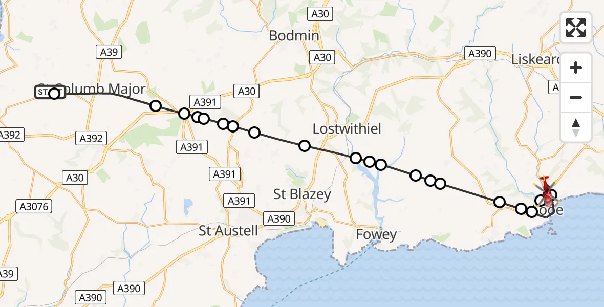 Flight route Air Ambulance Helicopter Cornwall Airport Newquay - Tredinnick, 25 June 2026, 16:20