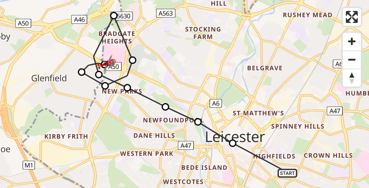 Flight route Air Ambulance Helicopter Highfields - Bradgate Heights, 25 June 2026, 16:23