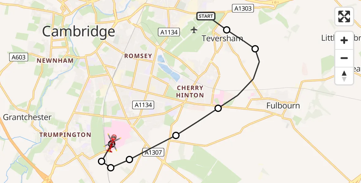Flight route Air Ambulance Helicopter Cambridge City Airport - Papworth Hospital, 25 June 2026, 16:24