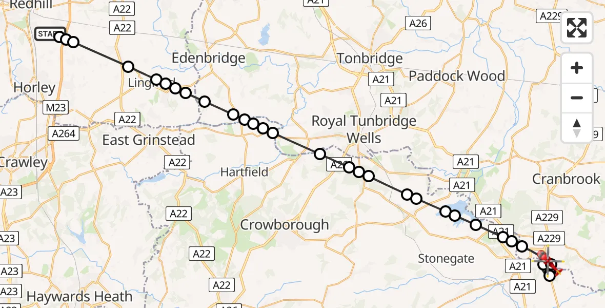 Flight route Air Ambulance Helicopter Redhill Aerodrome - Hawkhurst, 25 June 2026, 16:27
