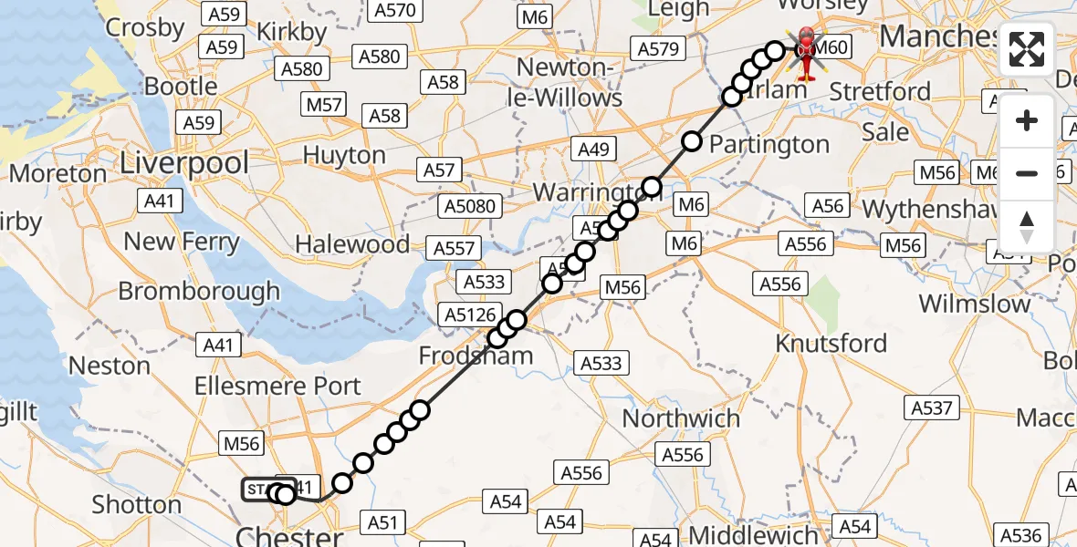 Flight route Air Ambulance Helicopter Chester - Manchester Barton Aerodrome, 25 June 2026, 16:28
