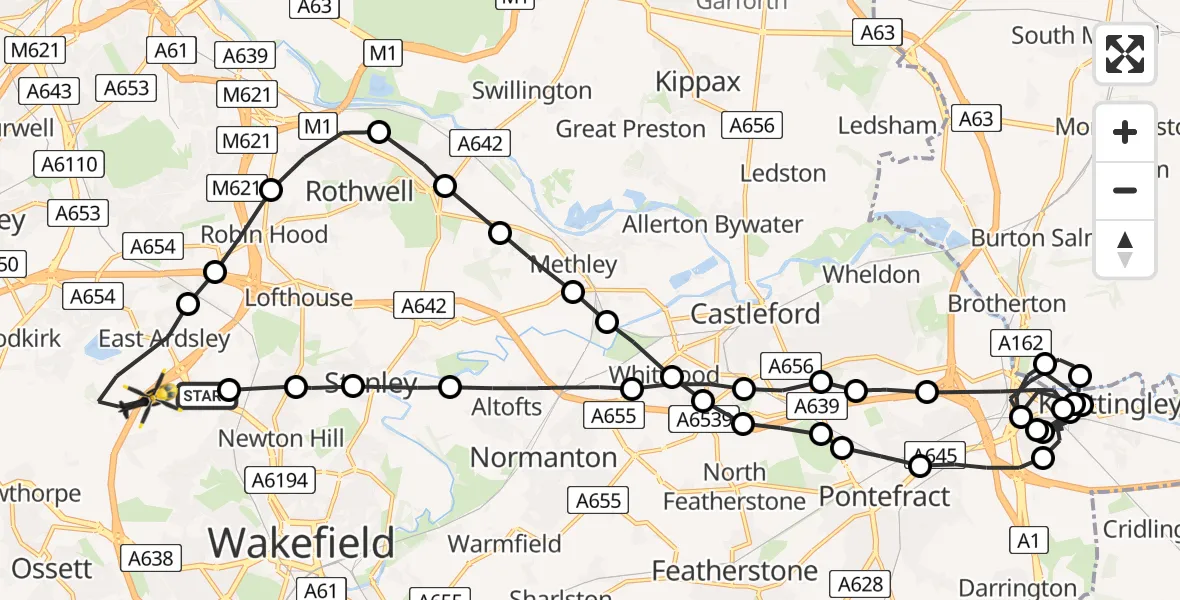Flight route Police Helicopter Carr Gate - East Ardsley, 25 June 2026, 16:33