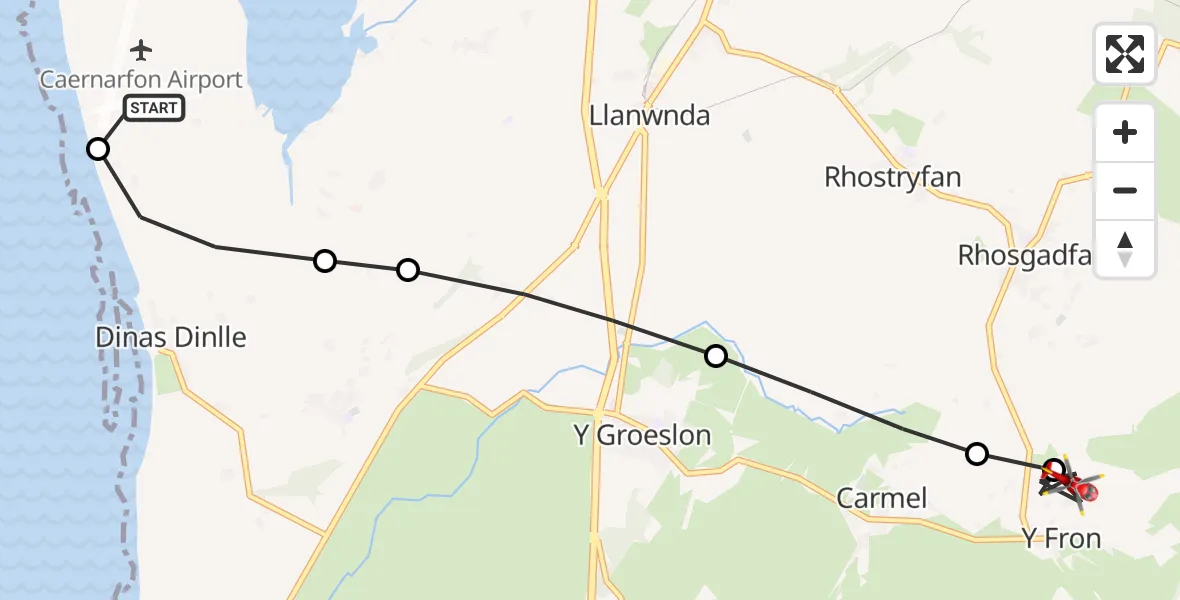 Flight route Air Ambulance Helicopter Caernarfon Airport - Rhosgadfan, 25 June 2026, 16:40