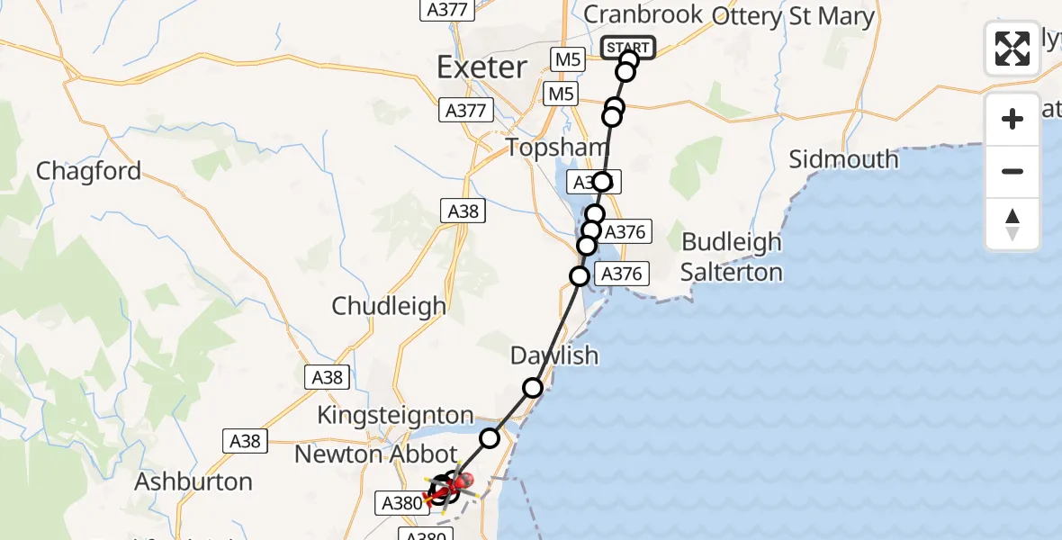 Flight route Air Ambulance Helicopter Exeter International Airport - Teignbridge, 25 June 2026, 16:43