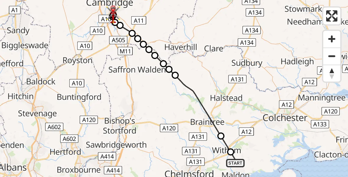Flight route Air Ambulance Helicopter Maldon - Papworth Hospital, 25 June 2026, 16:46