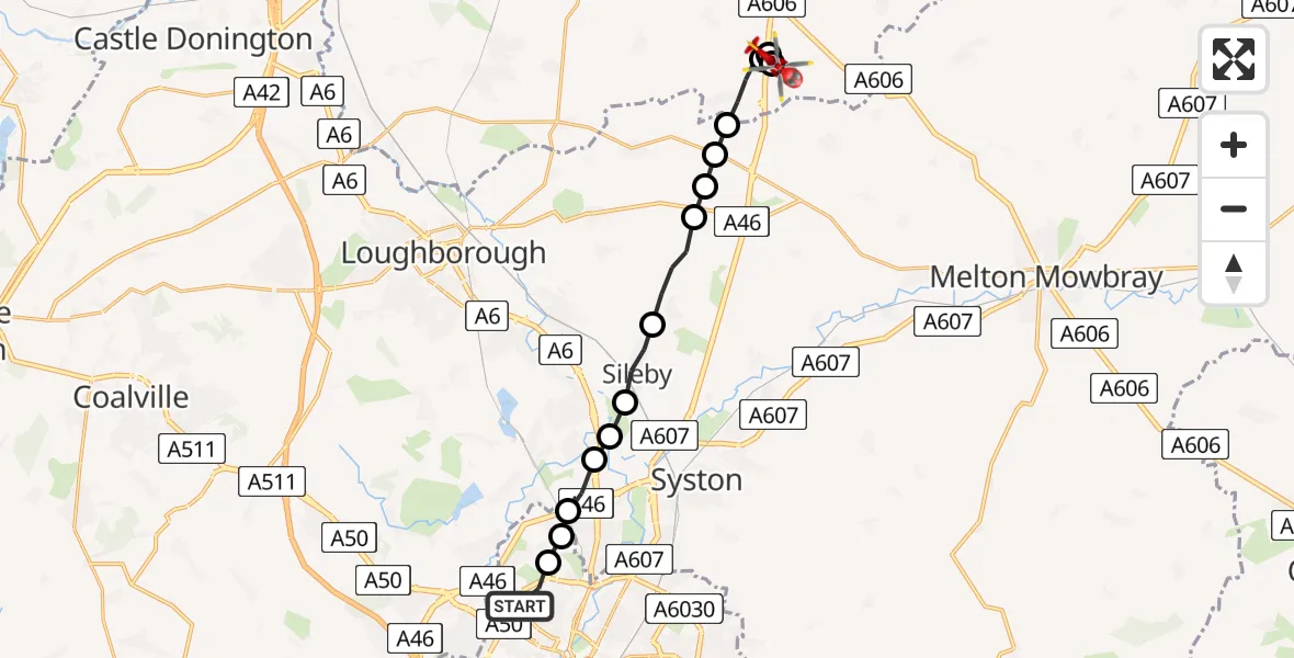 Flight route Air Ambulance Helicopter Beaumont Leys - Rushcliffe, 25 June 2026, 16:49