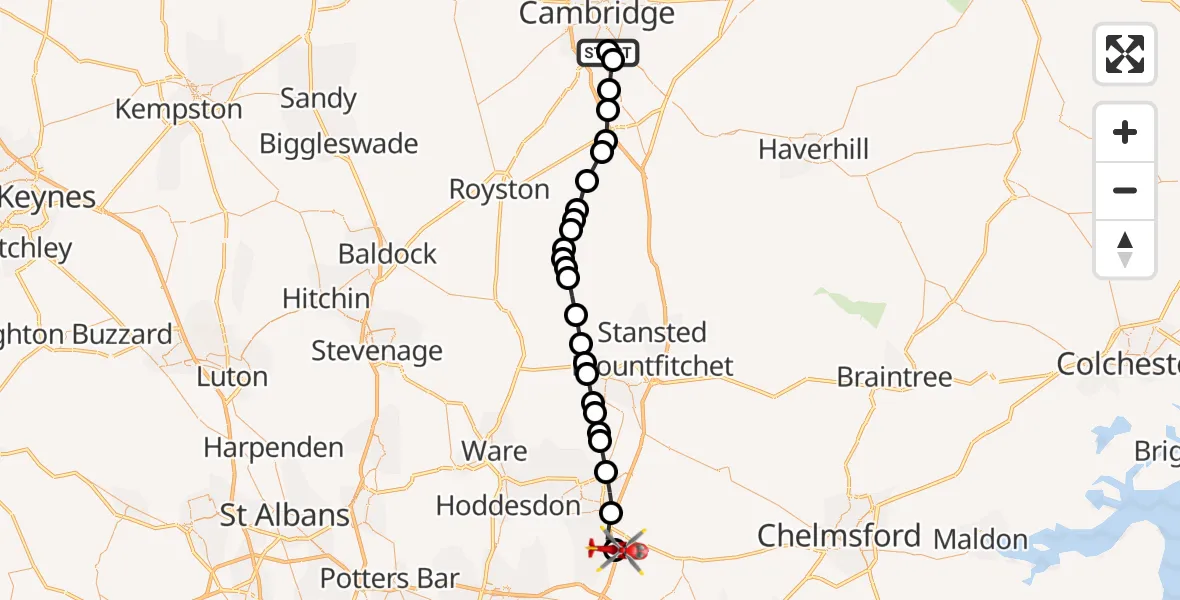 Flight route Air Ambulance Helicopter Papworth Hospital - North Weald Airfield, 25 June 2026, 16:50