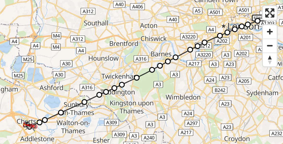 Flight route Air Ambulance Helicopter Royal London Hospital - Chertsey, 25 June 2026, 16:52