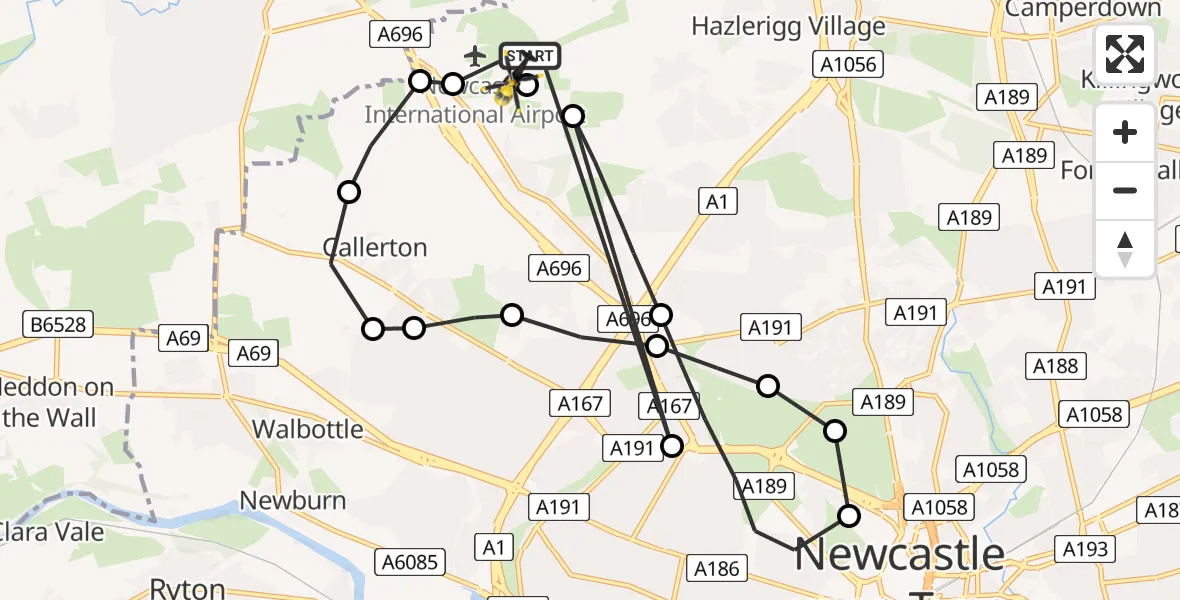 Flight route Police Helicopter Newcastle International Airport - Newcastle International Airport, 25 June 2026, 16:56