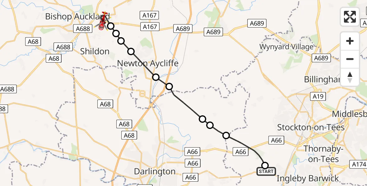 Flight route Air Ambulance Helicopter Egglescliffe - Coundon, 25 June 2026, 16:58