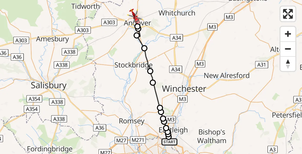 Flight route Air Ambulance Helicopter Southampton Airport - Andover, 25 June 2026, 17:02