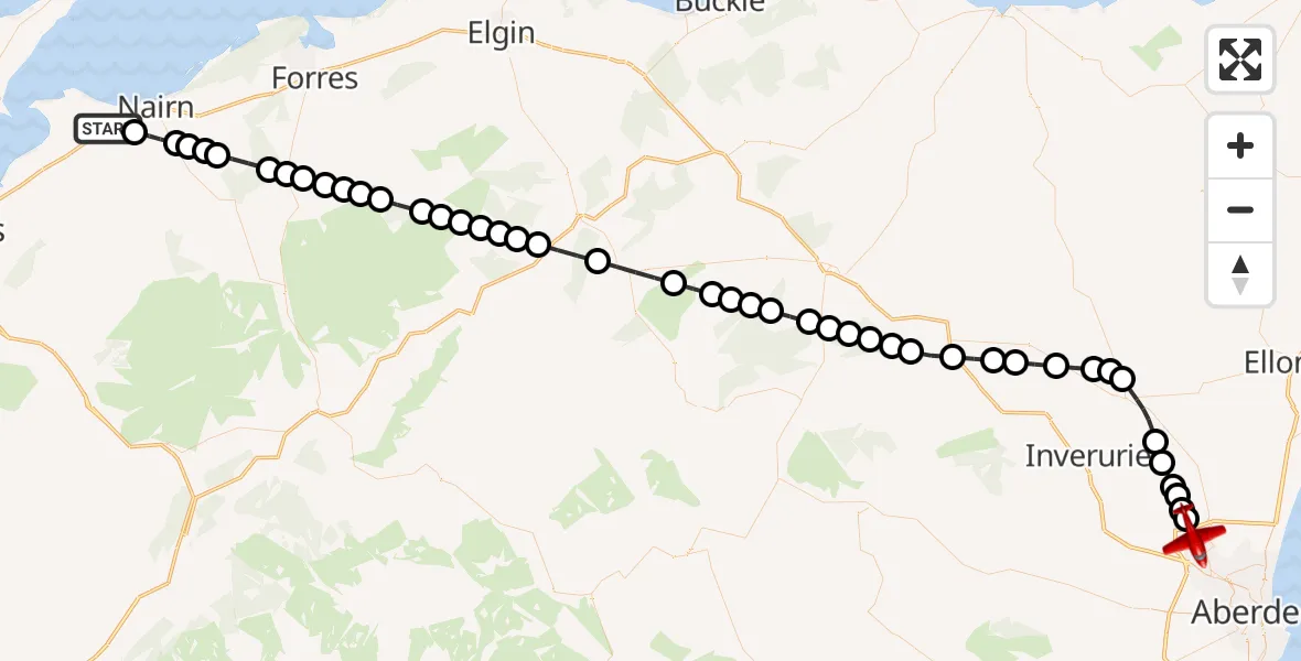 Flight route Air Ambulance Aircraft Delnies - Dyce and Stoneywood, 25 June 2026, 17:05