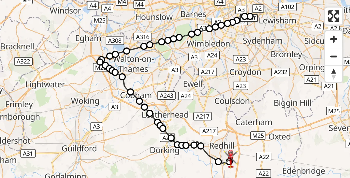 Flight route Air Ambulance Helicopter Kings College London Hospital - Redhill Aerodrome, 25 June 2026, 17:10