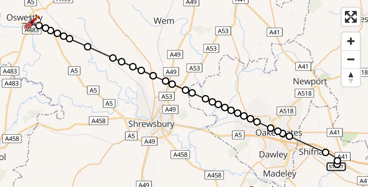 Flight route Air Ambulance Helicopter RAF Cosford - Oswestry, 25 June 2026, 17:16
