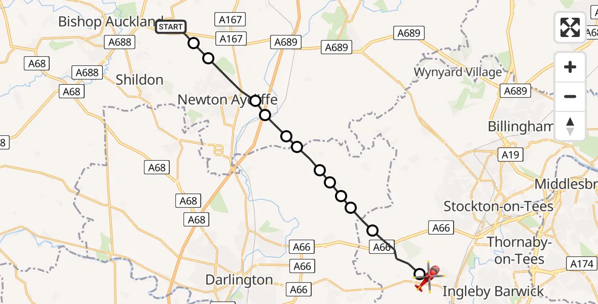 Flight route Air Ambulance Helicopter Coundon - Egglescliffe, 25 June 2026, 17:26