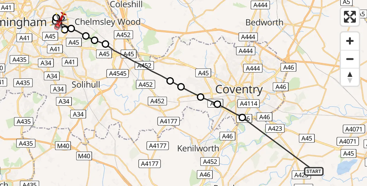 Flight route Air Ambulance Helicopter Rugby - Stechford, 25 June 2026, 17:30
