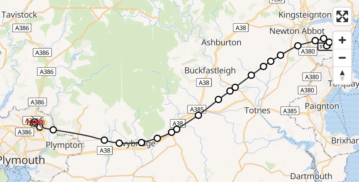 Flight route Air Ambulance Helicopter Stokeinteignhead - Derriford Hospital, 25 June 2026, 17:31