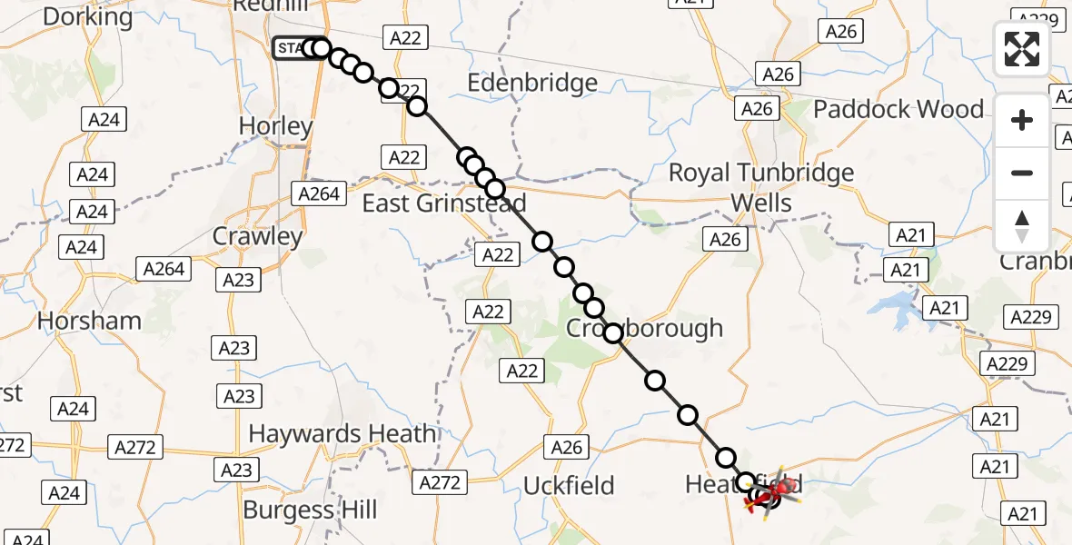 Flight route Air Ambulance Helicopter Redhill Aerodrome - Cade Street, 25 June 2026, 17:35