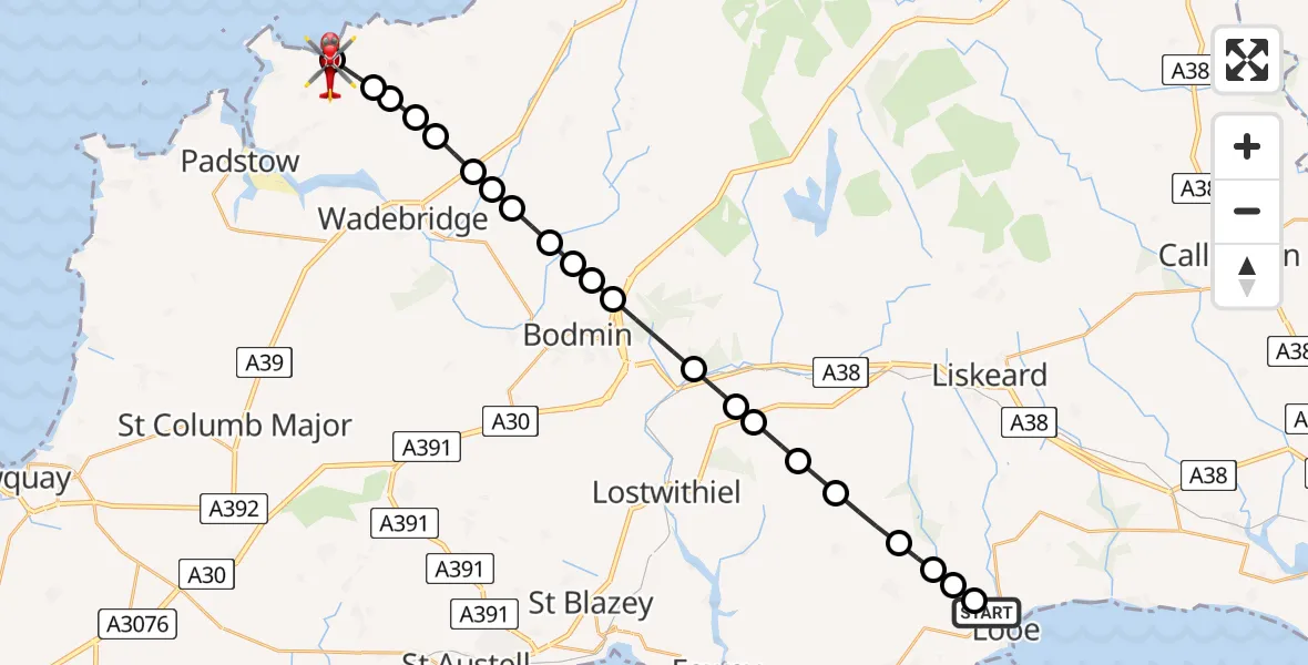 Flight route Air Ambulance Helicopter Looe - St. Minver Highlands, 25 June 2026, 17:37