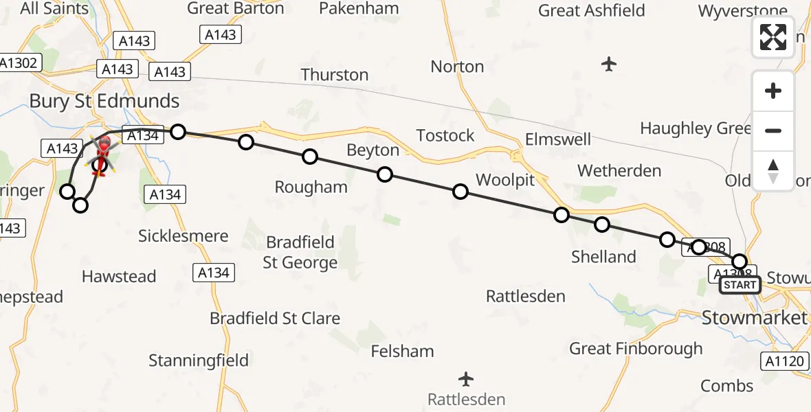 Flight route Air Ambulance Helicopter Stowmarket - West Suffolk Hospital, 25 June 2026, 17:37