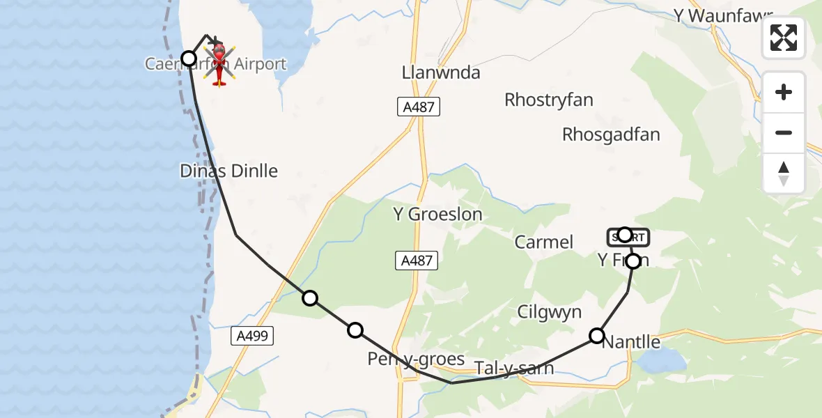Flight route Air Ambulance Helicopter Y Fron - Caernarfon Airport, 25 June 2026, 17:40