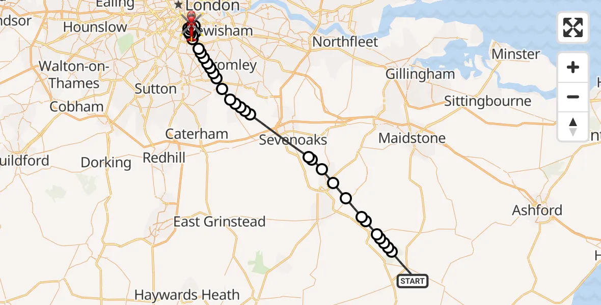 Flight route Air Ambulance Helicopter Hawkhurst - Kings College London Hospital, 25 June 2026, 17:50
