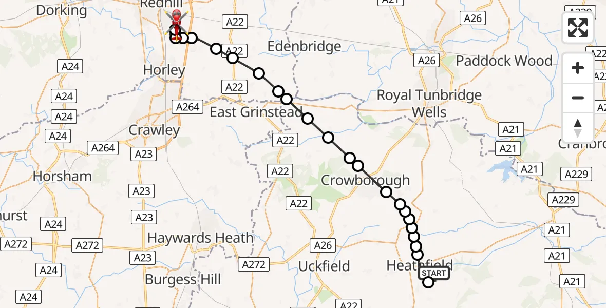 Flight route Air Ambulance Helicopter Cade Street - Redhill Aerodrome, 25 June 2026, 17:52