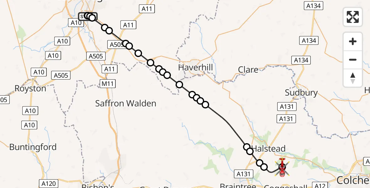 Flight route Air Ambulance Helicopter Papworth Hospital - Earls Colne Airfield, 25 June 2026, 17:53