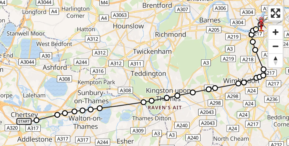Flight route Air Ambulance Helicopter Chertsey - London Heliport, 25 June 2026, 18:06