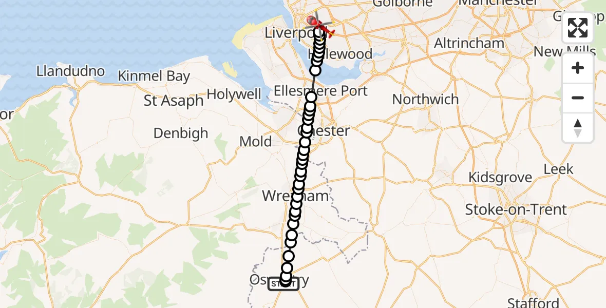 Flight route Air Ambulance Helicopter Oswestry - Knotty Ash, 25 June 2026, 18:19