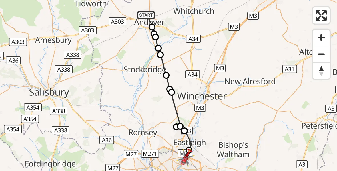 Flight route Air Ambulance Helicopter Andover - Mansbridge, 25 June 2026, 18:20