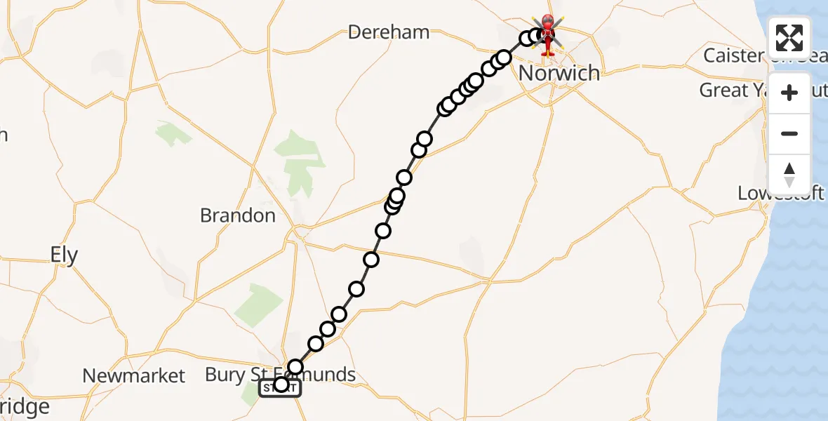 Flight route Air Ambulance Helicopter West Suffolk Hospital - Norwich Airport, 25 June 2026, 18:21